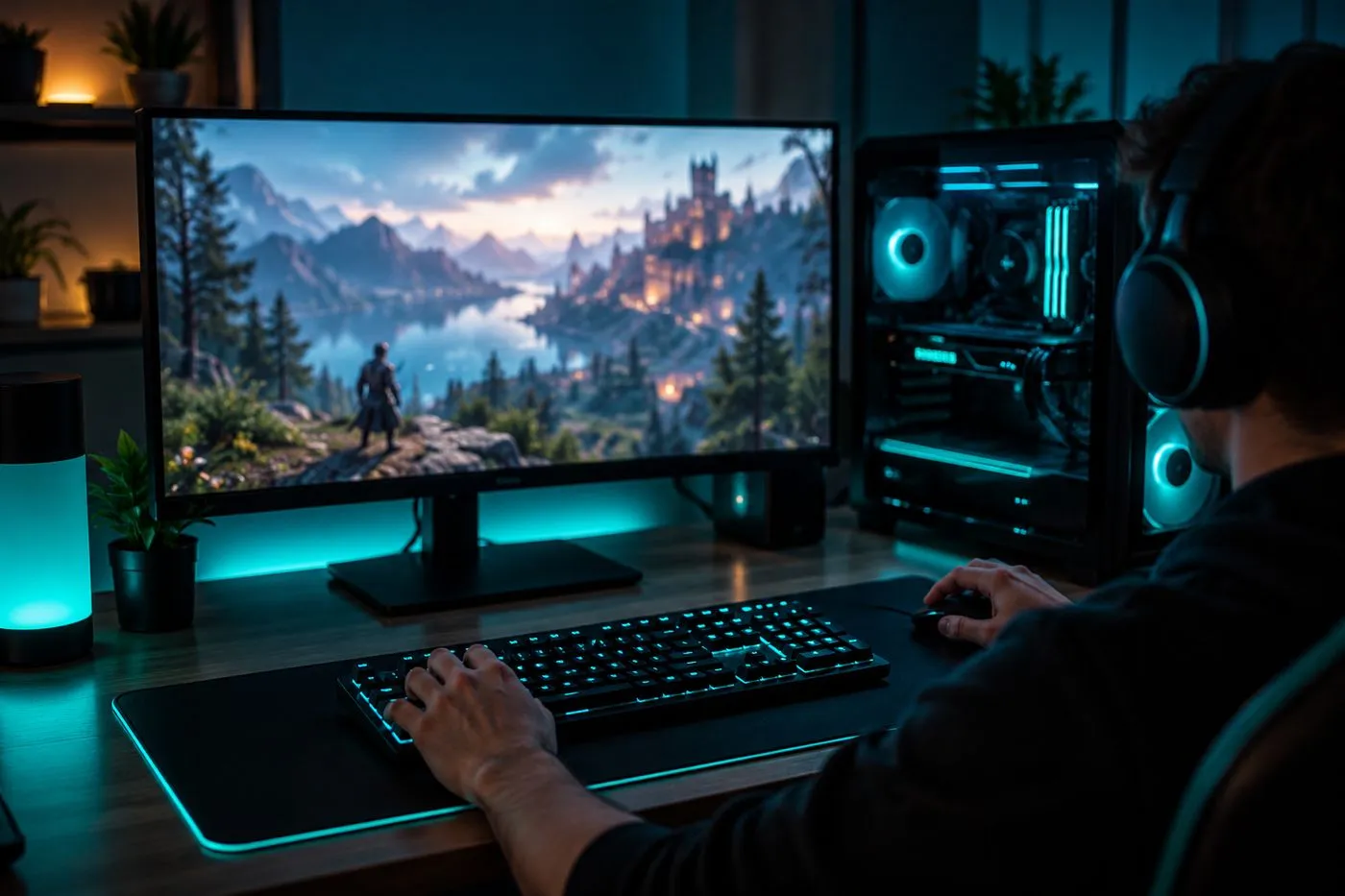 PC gaming avec éclairage d'ambiance optimisé pour les jeux vidéo