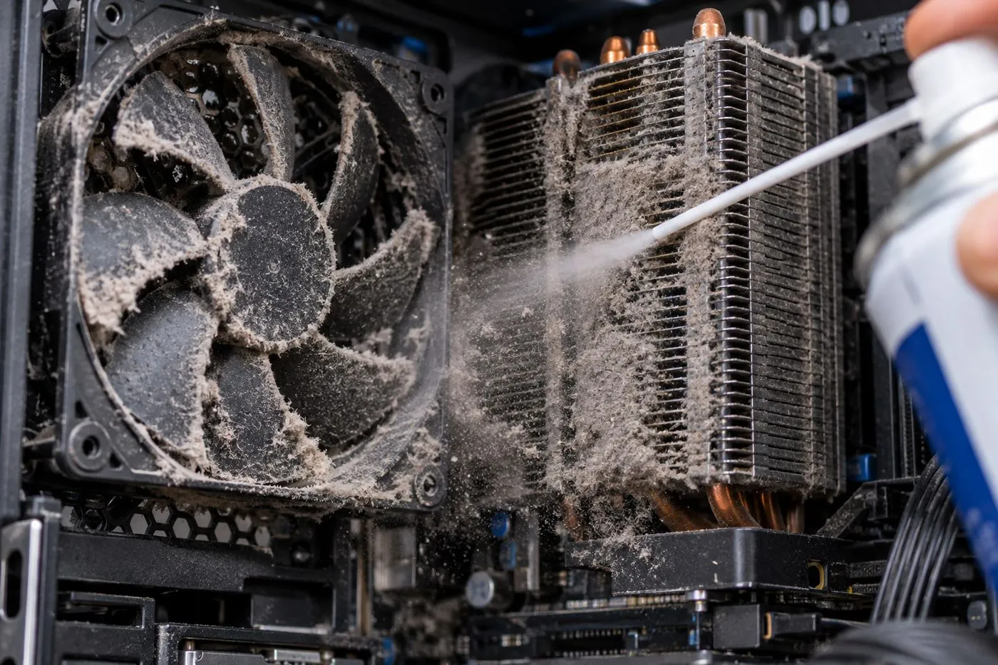 Ventilateur d'ordinateur encrassé par la poussière avant nettoyage