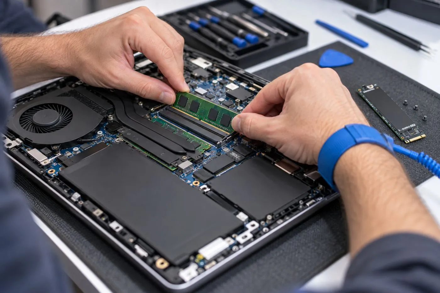 Technicien installant un SSD et une barrette de RAM dans un ordinateur