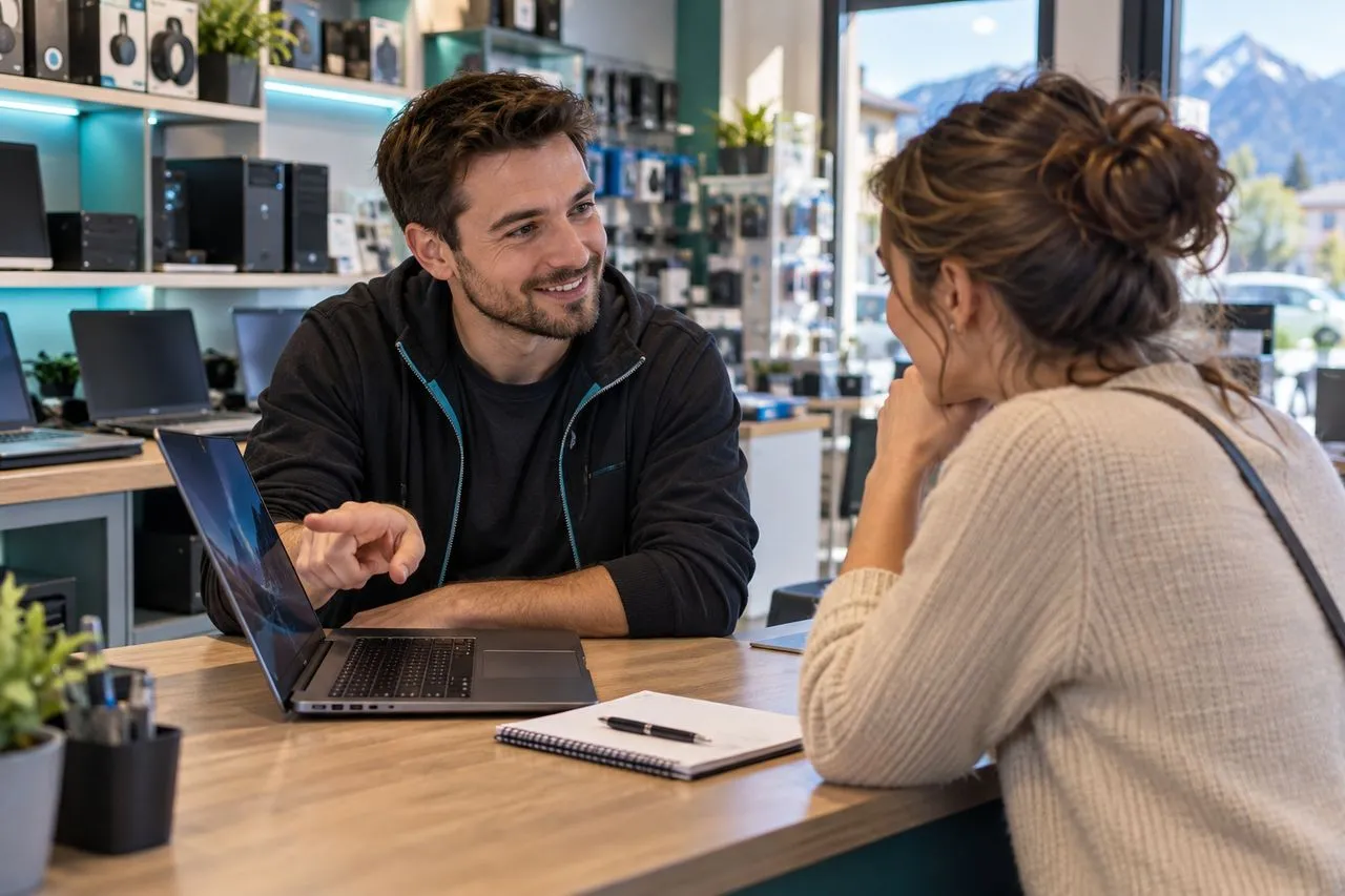 Technicien informatique échangeant avec un client pour établir un devis de dépannage à Annecy