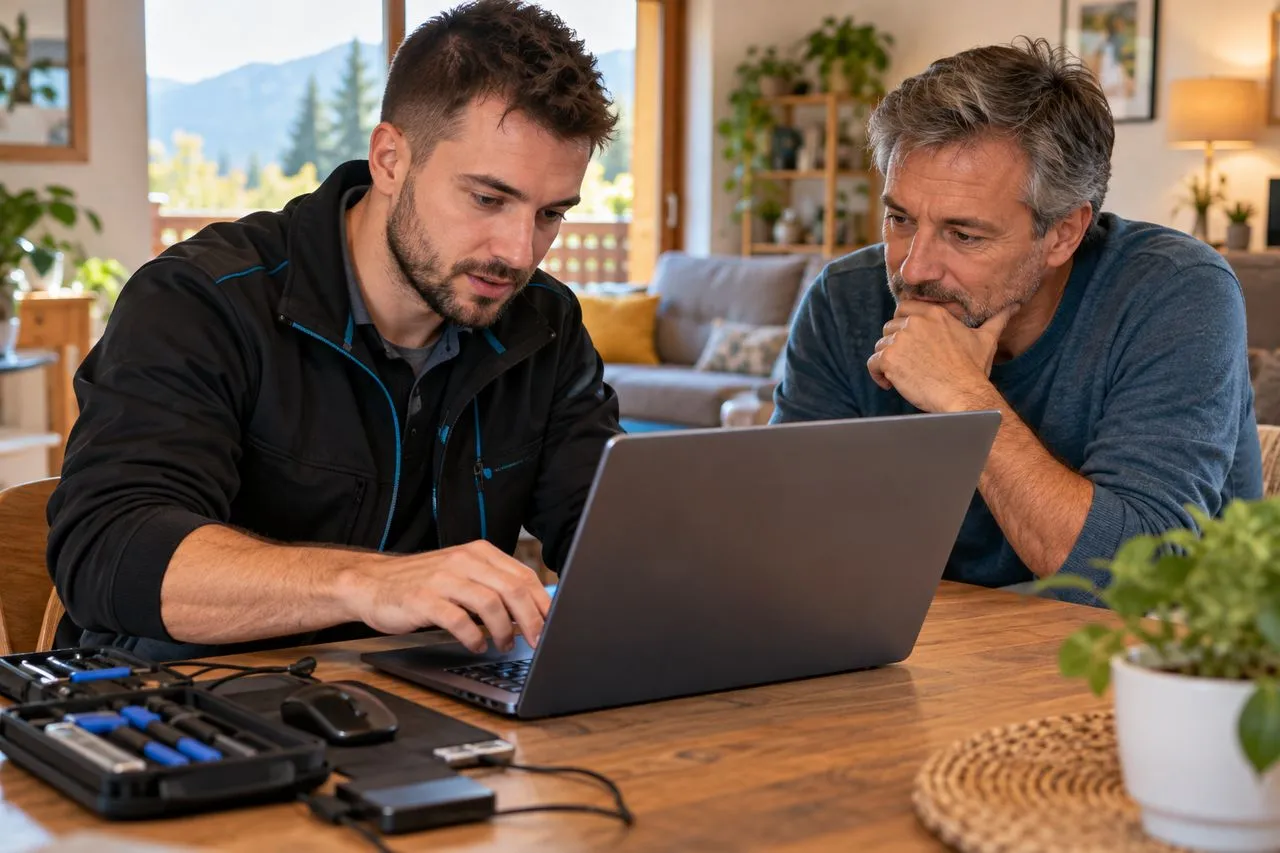 Technicien en dépannage informatique diagnostiquant un ordinateur portable chez un particulier