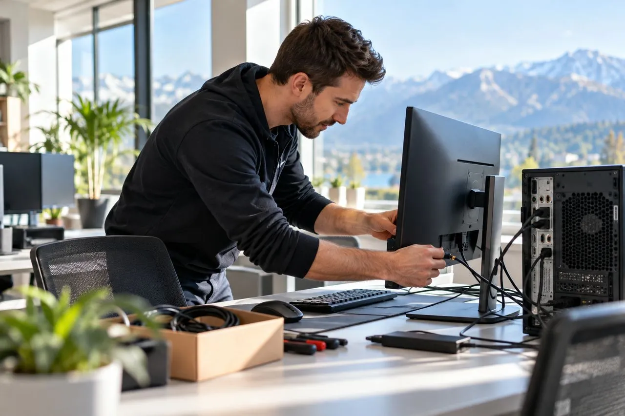 Technicien installant un poste informatique dans les bureaux d'une entreprise en Haute-Savoie